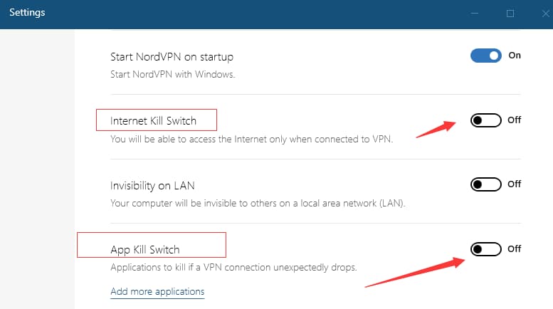 使用nordvpn开启Internet Kill Switch 和 App Kill Switch